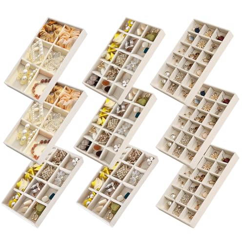 SPAKOWN Jewelry Organizer for Drawer Set of 9, Velvet Jewelry Tray Stackable Jewelry Organizer Display Trays Divided Earring Storage Containers (Beige) - color: Beige