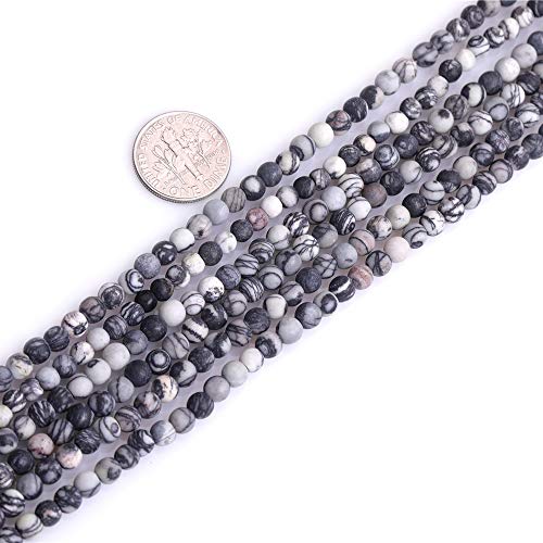 4mm Matte Natural Black Web Picasso Jasper, 15 Inch Strand 95 Beads, Frosted Round Stone Gemstone Spacer Beads for Jewelry Making Bracelet Necklace Earrings - color: Black Web Webbed, size: 4mm