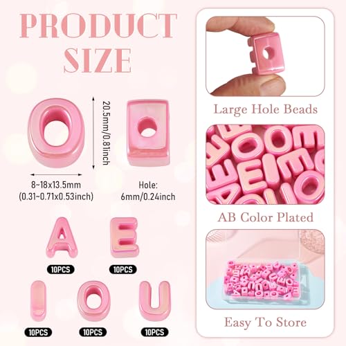 Cheriswelry 50Pcs Acrylic Letter Beads European Large Hole Bracelet Bead Vowel Alphabet Spacer Beads 20.5x8mm for DIY Keychain Keychain Lanyard Making Hole:6mm - color: Hot Pink