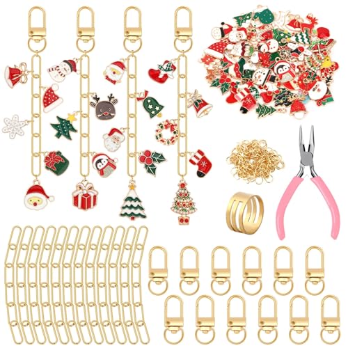 AUGSUN 189Pcs Christmas Keychain Making Kit, Charm Making Crafts Including 60 Christmas Charms 12 Keychain Clips Hooks 15 Extender Chains 100 Jump Ring and Jewelry Plier for Holiday Gifts - style: Christmas