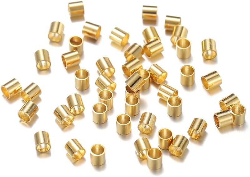 500 Pcs Gold Crimp Beads, 2mm Stainless Steel Tube Spacer Beads & Jewelry Crimps for Bracelets Necklaces, Hypoallergenic Tiny Loose Beads for DIY Jewelry Making Supplies (Gold)