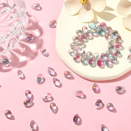 UR Urlifehall 100 Pcs Glass Teardrop Charms Transparent Spray Painted Glass Beads with Glitter Powder Beads for DIY Jewelry Crafts Making - color: 100pcs-9x6x6mm-glass teardrop beads