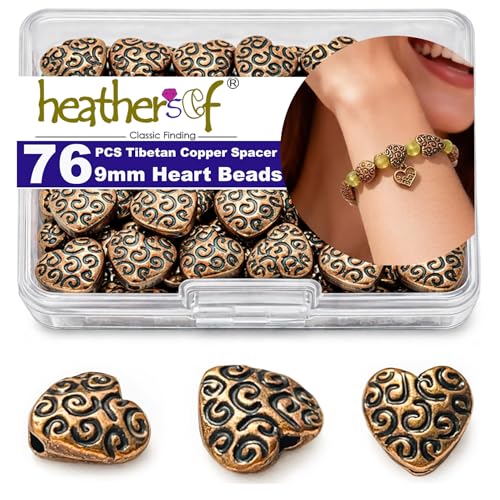 Copper Heart Flat Bead Jewelry 76Pcs Spacer Beads Kit Jewelry Findings Beading Assortment DIY Accessories for Bracelet Necklace Jewelry Making 9mm - color: Copper stripe flat