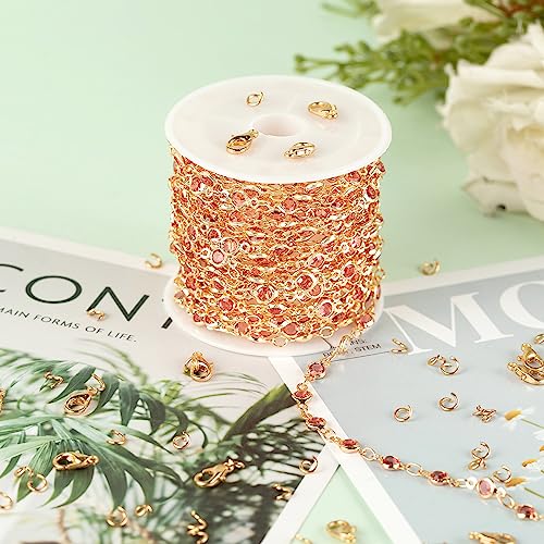 KYUNHOO 16.4 Feet Gold Plated Brass Chain for Jewelry Making with Lobster Clasps and Jump Rings Rosy Rhinestone Beads Chain for Bracelet Necklace Making DIY Jewelry Craft Gift Idea Supplies - color: Rosy Bead-Gold