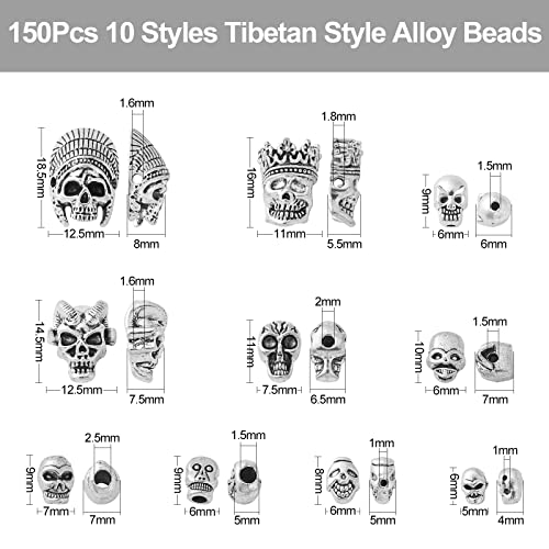 DanLingJewelry 150pcs 10 Styles Tibetan Style Skull Antique Silver Skeleton Head & Devil Head Beads for Halloween Jewelry Making - color: 150pcs - skull - 10 styles