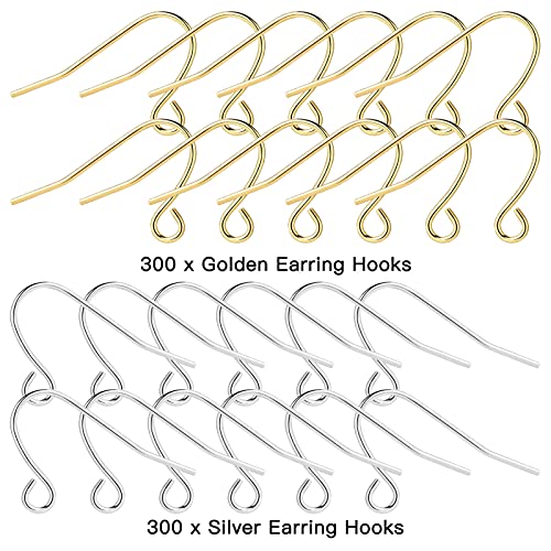 600Pcs French Earring Hooks Stainless Steel Earring Hooks 12×21MM Hypoallergenic Fish Hook Ear Wires for DIY Jewelry Making Finding -（Color:Golden and Silver）