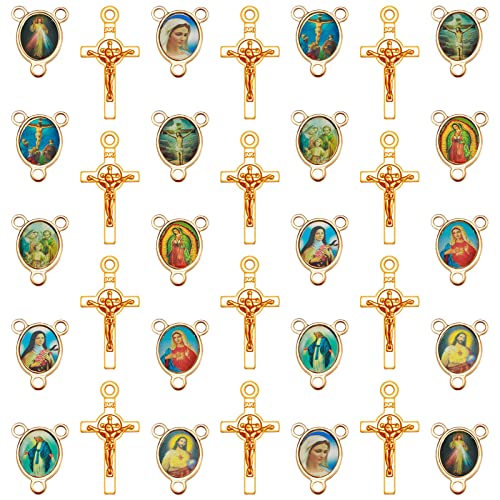 60Pcs/30Sets Rosary Making Kits Supplies Alloy Religion Cross and Center Medal Charms Pendant Oval Chandelier Links for Diy Prayer Necklace Jewelry - color: Gold