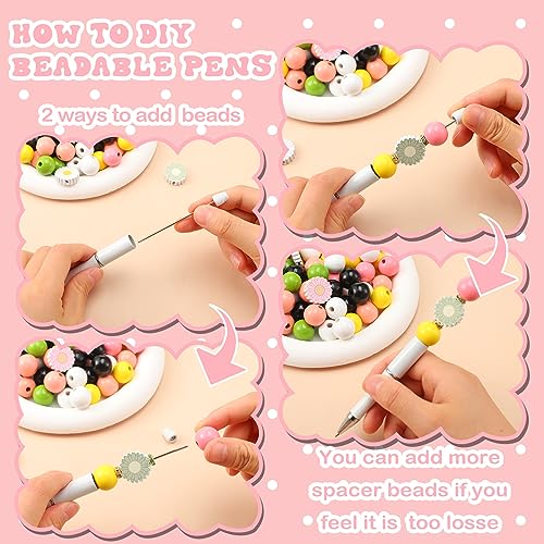 Colarr 24 Sets Plastic Beadable Pens DIY Pens Making Kit Assorted Wood Beads Crystal Spacer Black Ink Ballpoint for Women Crafts Office Family Gifts(Daisy) - style: Daisy