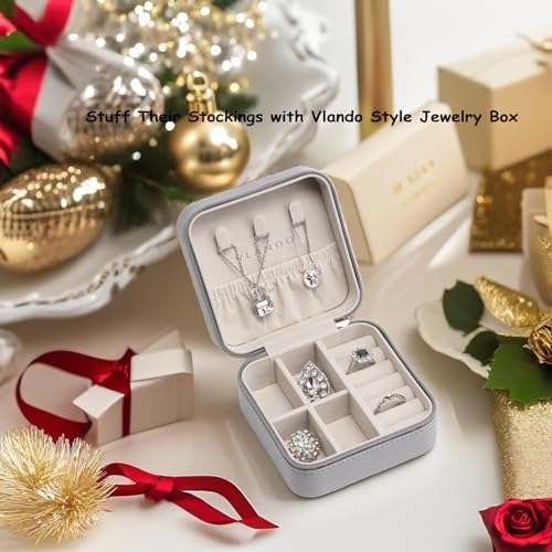 Vlando Small Travel Jewelry Box Organizer Display Case for Girls Women Gift Rings Earrings Necklaces Storage, Light Grey - color: Light Grey