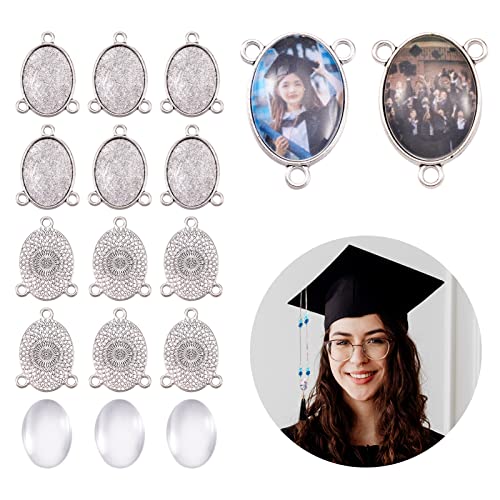 FASHEWELRY 6 Sets Tibetan Style Alloy Oval Bezel Pendant Trays with Glass Cabochons 3 Loops Base Connector Settings for DIY Jewelry Making - color: 25x18mm-6 Sets