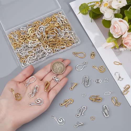 120Pcs Tibetan Style Hook and S-Hook Clasps 12 Styles Connector End Clasps Toggle Cord Rope End for Necklace Bracelet Jewelry Making