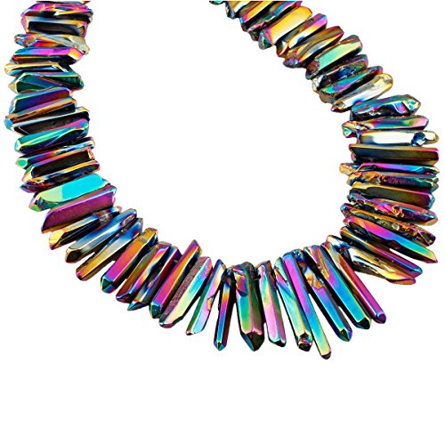 SUNYIK Rainbow Aura Titanium Coated Crystal Points Quartz Polished Sticks Spikes Point Beads 15 inch Strand Drilled - color: #3-Rainbow(Polished), size: 0.5"-1.6"