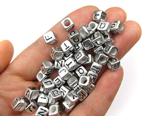 1000pcs Mixed Acrylic Letter/Alphabet “A-Z”Cube Beads for DIY Craft (Silver with Black Letter) - color: Silver with Black Letter