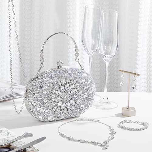 Quelay 4 Pcs Purse Rhinestone Jewelry Set Evening Clutch Bag Bling Crystal Necklace Dangle Earrings Bracelets Accessories - color: Silver, size: Stylish Style