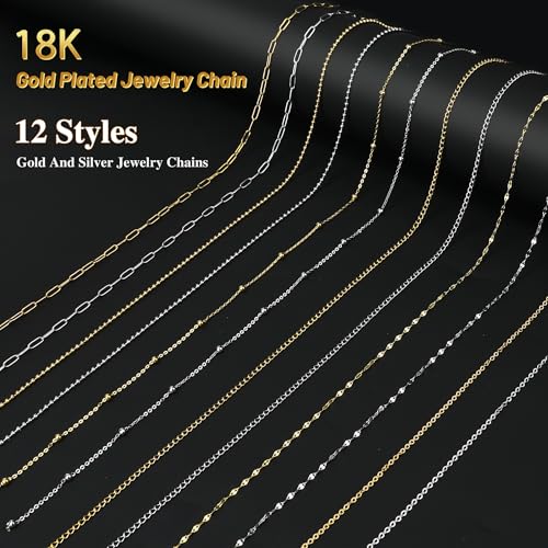59FT 18K Gold Necklace Chains for Jewelry Making 12 Rolls Gold Plated Stainless Steel Jewelry Chains Kit with 52 Letter Pendants,Pliers,Jump Rings,Lobster Clasps Accessories for DIY Necklace Bracelet - color: 18k Gold Plated+Stainless Steel 59Ft