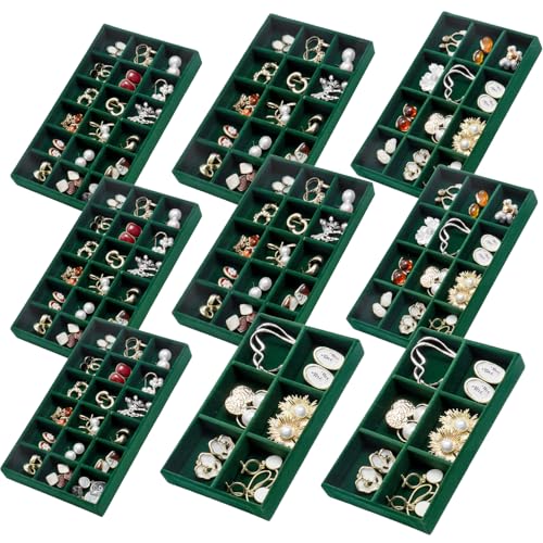 SPAKOWN Jewelry Organizer for Drawer Set of 9, Velvet Jewelry Tray Stackable Jewelry Organizer Display Trays Divided Earring Storage Containers (Green) - color: Green