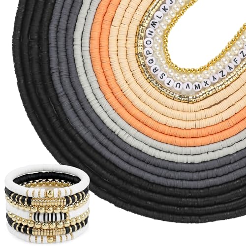 JMUQ 14 Strands Black Clay Beads Bracelet Making Kit, 5500 Flat Polymer Clay Heishi Beads for Friendship Bracelets Jewelry Making Kit with Letter Pearl Gold Spacer Beads for Women - color: black