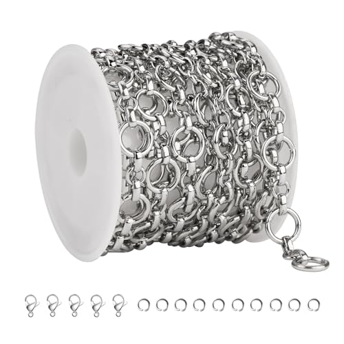 SMYHTGLIF 6.5 Feet/2 Meters Silver 304 Stainless Steel Rolo Jewelry Making Chains Bulk Unsoldered Round Link Chain with Lobster Clasps and Open Jump Rings for Jewelry Making - color: Circle Silver