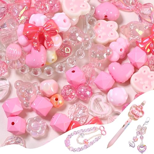 45-60PCS Large Acrylic Pink Glitter Assorted Beads for Bracelet Making UV Plating Focal Beads for Pens Flower Bow Bear Heart Star Pastel Chunky Cute Bead for DIY Jewelry Necklace Keychain Phone Charm - color: Pink
