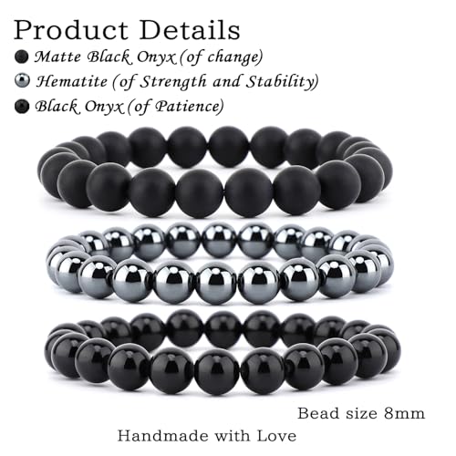 2/3-Pieces 4mm 6mm 8mm Natural Crystal Gemstone – Handmade Reiki Energy Healing Stretch Bracelets Jewelry for Yoga, Meditation, Unisex - color: 3 Pieces (BlackOnyx&Hematite&MatteBlackAgate), size: 8mm