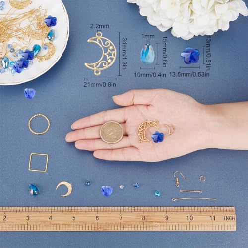 SUNNYCLUE 1 Box DIY 8 Pairs Blue Moon Earrings Making Starter Kit Including Moon Geometric Linking Connector Charms Teardrop Flower Beads Earring Findings for Women Earring Making Crafts