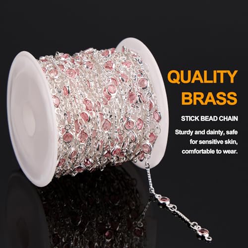 KYUNHOO 16.4 Feet Pink Rhinestone Bead Jewelry Chain Roll Stick Links Silver Chains for Jewelry Making with Connectors DIY Handcrafts - color: Pink Crystal Bead