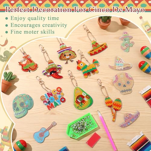 Huquary 24 Sets Cinco De Mayo Diamond Arts Keychains Mexican Fiesta Diamond Art Ornaments 5D DIY Crystal Rhinestone Crafts Kits Sombrero Taco Cactus Craft for Cinco De Mayo Mexican Holiday Gifts - style: Mexican