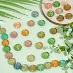 1 Box About 40Pcs Glass Flat Round Beads Metal Enlaced Flower Pink Green Transparent Bohemian Charm Golden Sunflower Paint Vintage Bead for Jewelry Making Bracelet Keychain Diy Craft Supply
