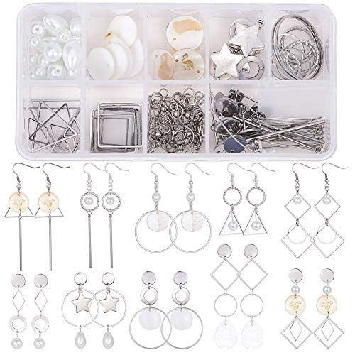 SUNNYCLUE 1 Box DIY 10 Pairs Geometric Hollow Earring Making Starter Kit Shell Ring Round Square Star Triangle Charm Connector Earring Stud Hooks Jewelry Making Supplies Craft Silver, Instruction - color: Diy 10 Pairs Earrings-style 2