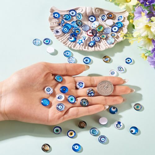 100Pcs/Set Flat Round Transparent Glass Cabochons with Pattern Eye Flatback Glass Dome Flatback Cab Beads for Photo Cameo Jewelry Making Necklace Ring DIY Crafts 12x4mm Evil Eye - color: 100Pcs-12x4mm-Evil Eye