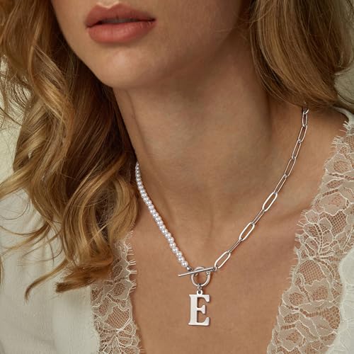 Yoosteel Pearl Initial Necklace for Women, Dainty Pearl Chain Choker Initial Necklaces for Women Toggle Clasp Paperclip Link Chain Necklace Jewelry Gifts - color: Silver, style: E