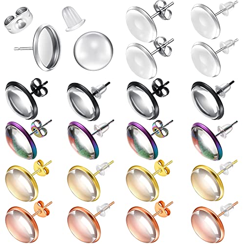 200 Pieces Stud Earring Kit, Including 50 Pieces 12 mm Stainless Steel Blank Stud 50 Rubber Back, 50 Pieces 12 mm Clear Glass Cabochons 50 Stainless Steel Earring Back for DIY Making (Mixed Color) - color: Mixed Color