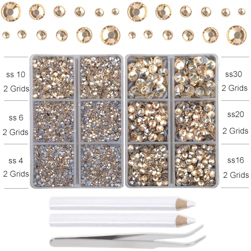 10000Pcs 2-Boxes Mixed Size Hot Fix Round Crystals Gems Glass Stones Hotfix Flat Back Rhinestones with Tweezers and Picking Pencil (Light Champagne) - color: Light Champagne, size: 2-Box (10000pcs)