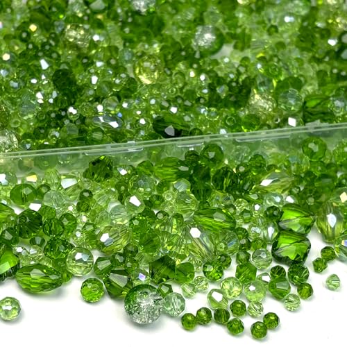 1000pcs Green Beads, Glass Beads for Jewelry Making, Green Assorted Crystal Faceted Bicone Teardrop Crackle Clover Loose Shiny Beads for Earring, Necklace, Bracelet, Plant Crafts DIY, Home Decor