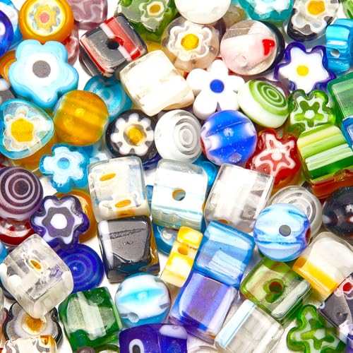 1 Box 6 Styles 180PCS Mixed Millefiori Handmade Lampwork Glass Beads with Holes Assorted Flower Heart Flat Round Shape Cube Loose Charms Bead for Jewelry Making Bracelets DIY Craft Supply - size: 180Pcs 6mm, style: Mixed