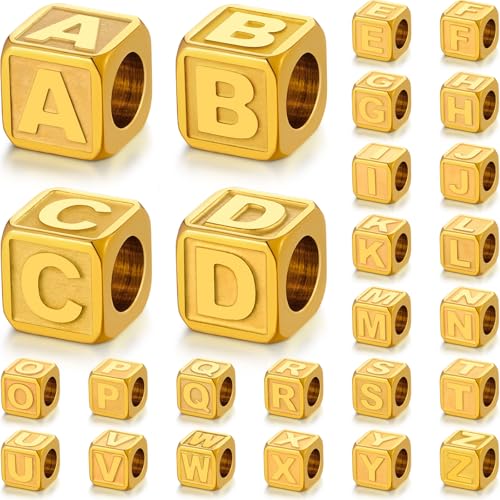 26 Pcs Non-Tarnish Gold Metal Letter Beads, Stainless Steel 88mm Large Square for Bracelets, Necklace, Bag Charms, Shoe Lace, Charms for Sneakers - color: Gold Plated Stainless steel, size: Square 8x8mm