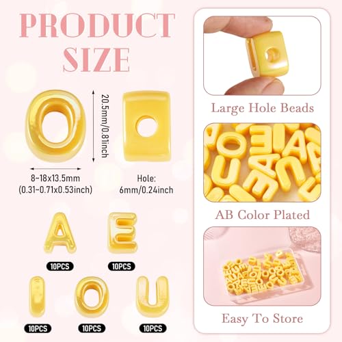 FASHEWELRY 50Pcs 20mm Big Vowel Letter Beads Golden Large Hole Acrylic Alphabet Beads for Bracelets Making, UV Plating Iridescent 3D Slider Initials Bead for Keychains Making - color: Golden