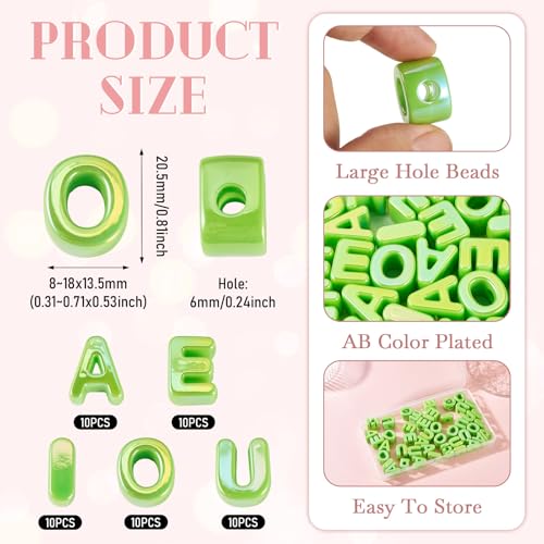 Cheriswelry 50Pcs Acrylic Letter Beads Vowel Alphabet Loose Spacer Bead Large Hole European Slide Bracelet Bead 20.5x8mm for DIY Necklace Keychain Lanyard Jewelry Making Hole:6mm - color: Green