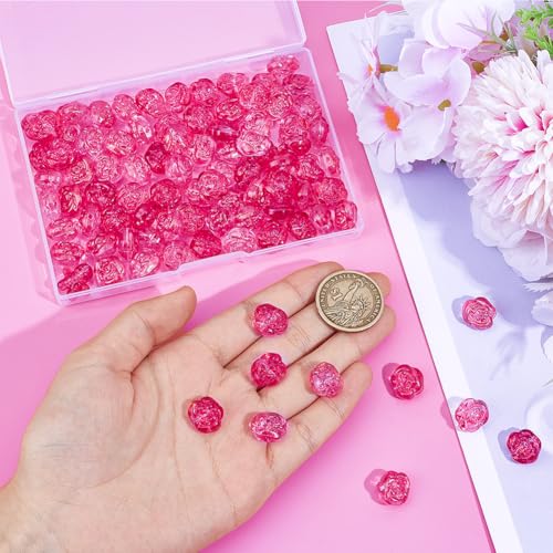 1 Box 100Pcs Pink Rose Beads Glass Flower Bead Transparent Czech Carved Flowers Floral Crystal Glitter Loose Spacer Beads for Bracelet Necklace Jewelry Making DIY Craft Decors Accessories