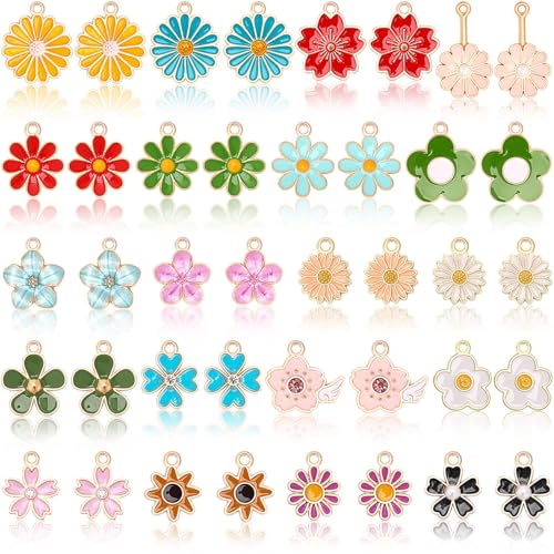 MARFOREVER 40 Pcs/20 Pairs Flower Charms for Jewelry Making Spring Summer Floral Themed Charms Assorted Gold Enamel Charm Pendants for Earrings Necklace Bracelet Making Accessories Gift for Mom Women - style: Flower