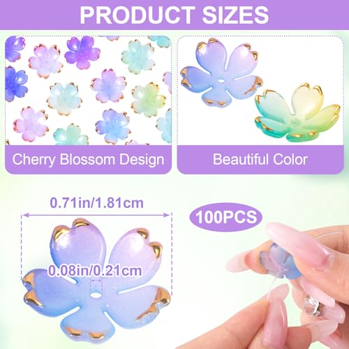 100pcs Cherry Blossom Beads, 5-Petal Gradient Acrylic Flower Beads, Mini Spacer Hair Accessories Halloween Christmas for Bracelets Earring Jewelry Making- Purple1 & Green - color: Purple1 & Green