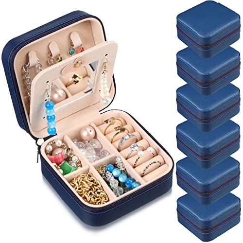Hillban Bridesmaid Gifts Jewelry Box with Mirror, PU Leather Small Travel Jewelry Case Organizer Storage for Women Girls - color: Dark Blue