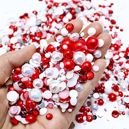 60g Mix Pearls and Rhinestones, 2mm-10mm Flatback Jelly Rhinestones and Half Pearls for Crafts Shoes Tumblers Nails Face Art, with Picker Pen, Red|White - color: Candy Cane Blend | Mix Red | White
