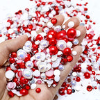 60g Mix Pearls and Rhinestones, 2mm-10mm Flatback Jelly Rhinestones and Half Pearls for Crafts Shoes Tumblers Nails Face Art, with Picker Pen, Red|White - color: Candy Cane Blend | Mix Red | White
