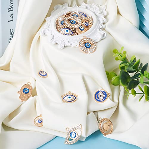 Cheriswelry Rhinestone Enamel Connectors Charm Links Evil Eye Alloy Metal Pendants Antique Silver Flat Round Hamsa Hand Owl Feather Heart Charm Pendant for Bracelet Necklace Jewelry Making - color: Gold-Mixed Shape