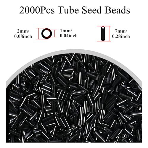 2000Pcs Tube Seed Beads 2x7mm Mini Long Glass Bugle Bead Small Craft Loose Spacer Beads for DIY Phone Charms Waist Bead Bracelets Earrings Necklaces (Black) - color: Black