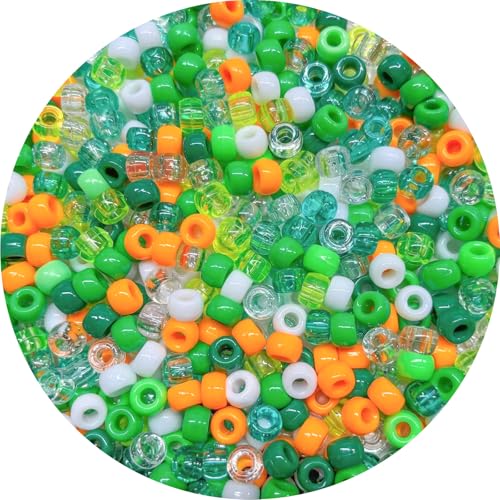 Spring Nature Pony Beads 1000pcs, Green Orange White Glitter Bead Mix, 9mm Craft Beads for Bracelets, Jewelry Making, DIY Shamrock Decorations, Crafts Party Kit - color: Shamrock Edition