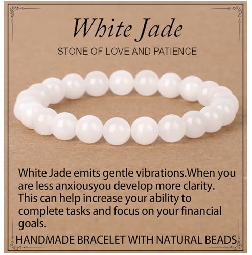 LPBeads Handmade Natural Gemstone Stretch Elastic Bracelet Healing Crystal Round Stone Beads Jewelry Gifts for Women Men - color: White Jade, size: 8mm