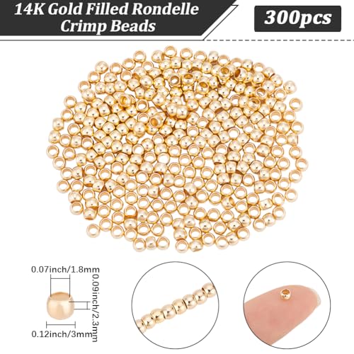 Beebeecraft 1 Box 300Pcs Round Crimp Beads 14K Gold Filled Brass Spacer Stopper Bead Clamp Ends Rondelle Crimper Beads for Jewelry Making - size: 3mm