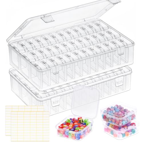 OUTUXED Bead Organizer Box, 72Pcs Small Clear Plastic Bead Storage, Mini Craft Storage Containers Boxes with Hinged Lid and Labels for Bracelets, Making DIY Jewelry Craft Nail, Screws, Seeds